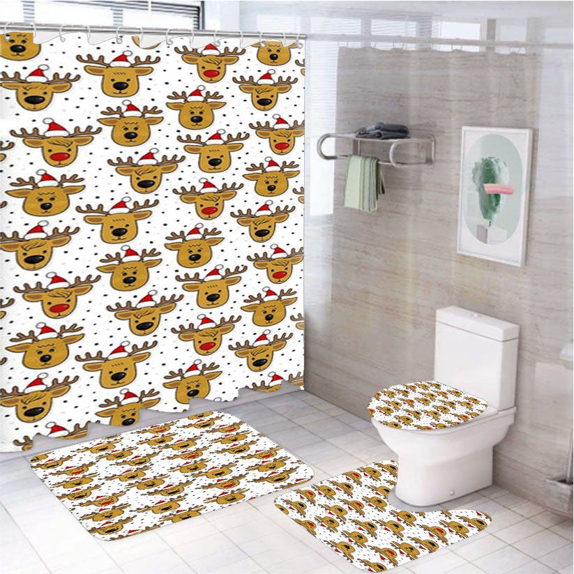 Reindeers In Santa Hats Pattern 4Pcs Bathroom Non-Slip Rugs Shower Curtain Fabric Waterproof