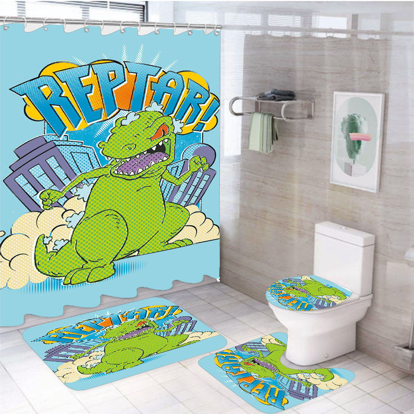 Reptar Rugrats City Poster 4Pcs Bathroom Non-Slip Rugs Shower Curtain Fabric Waterproof