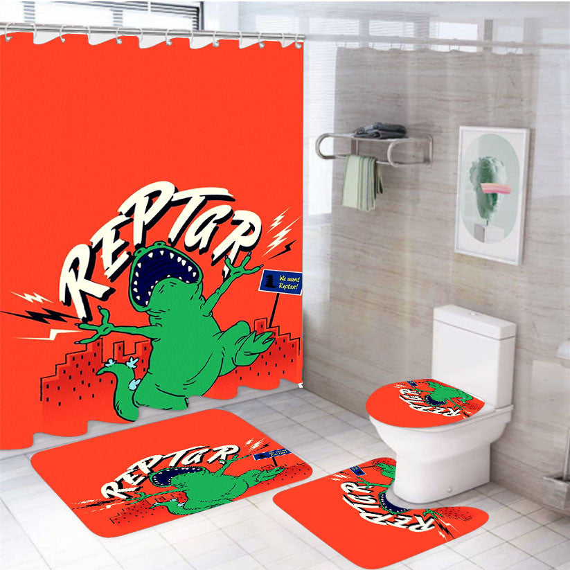 Reptar Rugrats Peach 4Pcs Bathroom Non-Slip Rugs Shower Curtain Fabric Waterproof