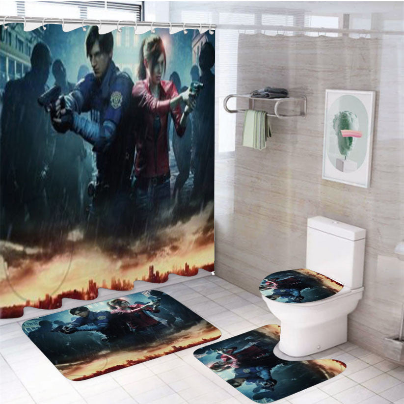 Resident Evil 019 Ga 4Pcs Bathroom Non-Slip Rugs Shower Curtain Fabric Waterproof
