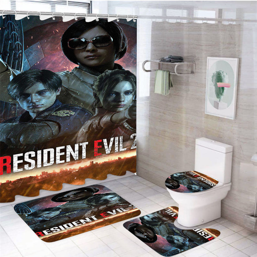 Resident Evil 2 Cure World 4Pcs Bathroom Non-Slip Rugs Shower Curtain Fabric Waterproof