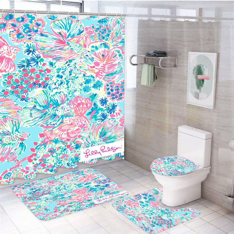 Resort Escape Lilly Pulitzer 4Pcs Bathroom Non-Slip Rugs Shower Curtain Fabric Waterproof