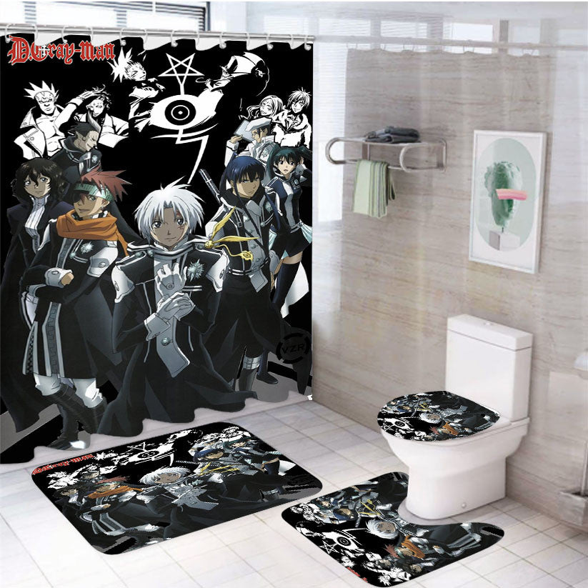 Retro Anime D Gray Man All Characters 4Pcs Bathroom Non-Slip Rugs Shower Curtain Fabric Waterproof