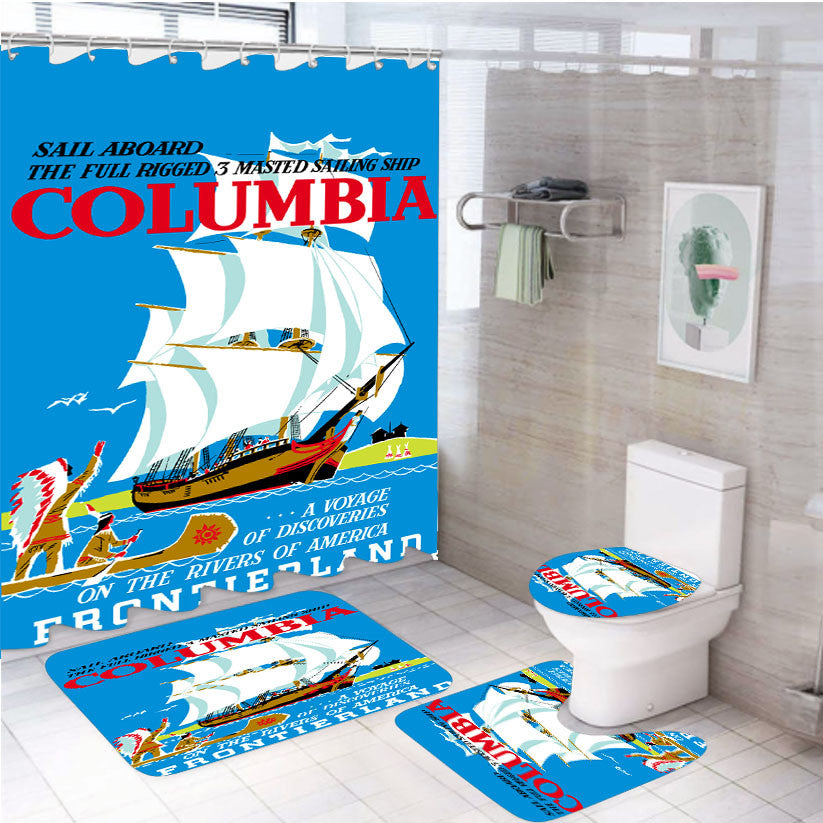 Retro Disneyland Attraction Posters 4Pcs Bathroom Non-Slip Rugs Shower Curtain Fabric Waterproof