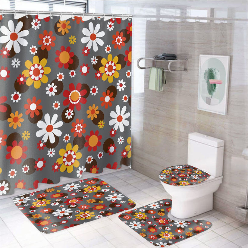 Retro Hippie Groovy Daisy Boho 4Pcs Bathroom Non-Slip Rugs Shower Curtain Fabric Waterproof