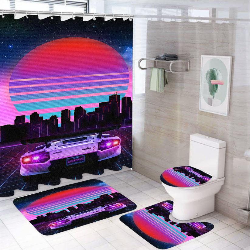 Retro Lamborghini 4Pcs Bathroom Non-Slip Rugs Shower Curtain Fabric Waterproof