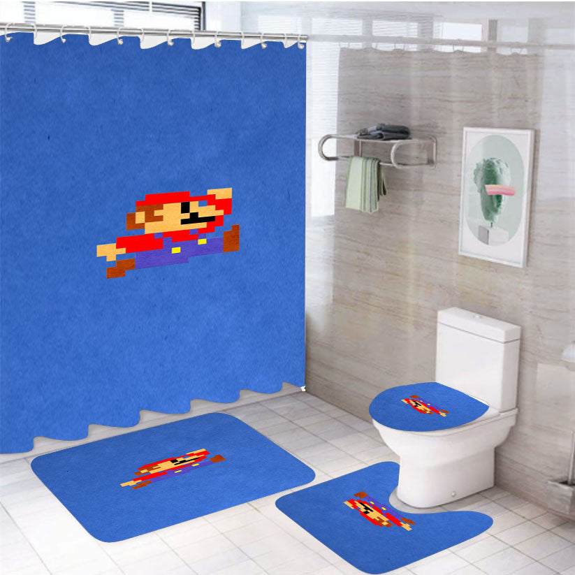 Retro Mario 4Pcs Bathroom Non-Slip Rugs Shower Curtain Fabric Waterproof