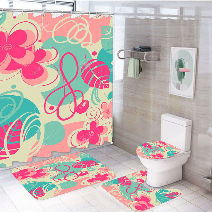 Retro Pattern Stock 4Pcs Bathroom Non-Slip Rugs Shower Curtain Fabric Waterproof