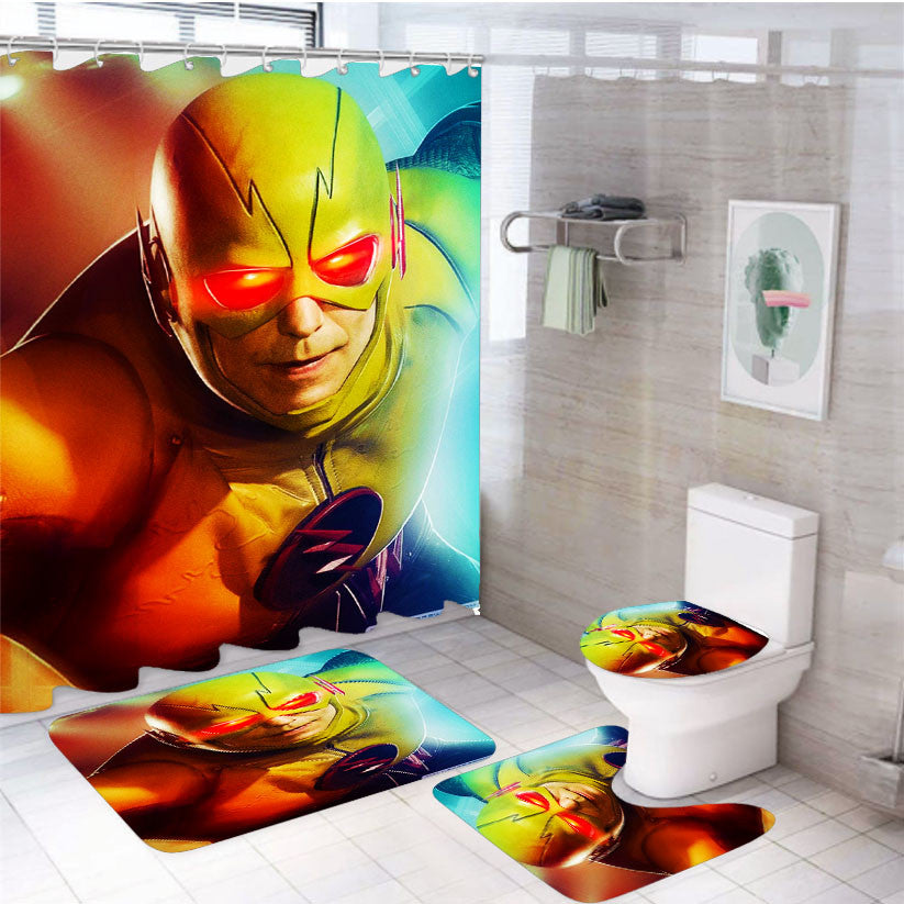 Reverse Flash 4Pcs Bathroom Non-Slip Rugs Shower Curtain Fabric Waterproof