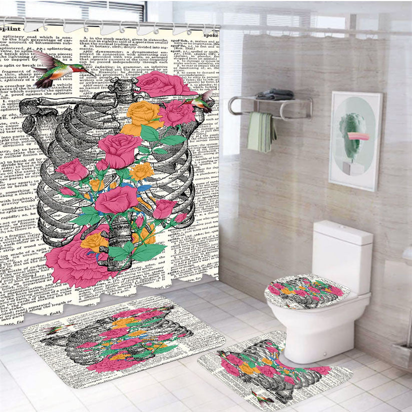 Ribs And Flowers 4Pcs Bathroom Non-Slip Rugs Shower Curtain Fabric Waterproof