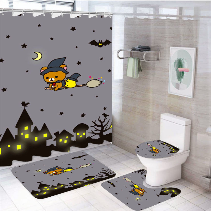 Rilakkuma Halloween 4Pcs Bathroom Non-Slip Rugs Shower Curtain Fabric Waterproof