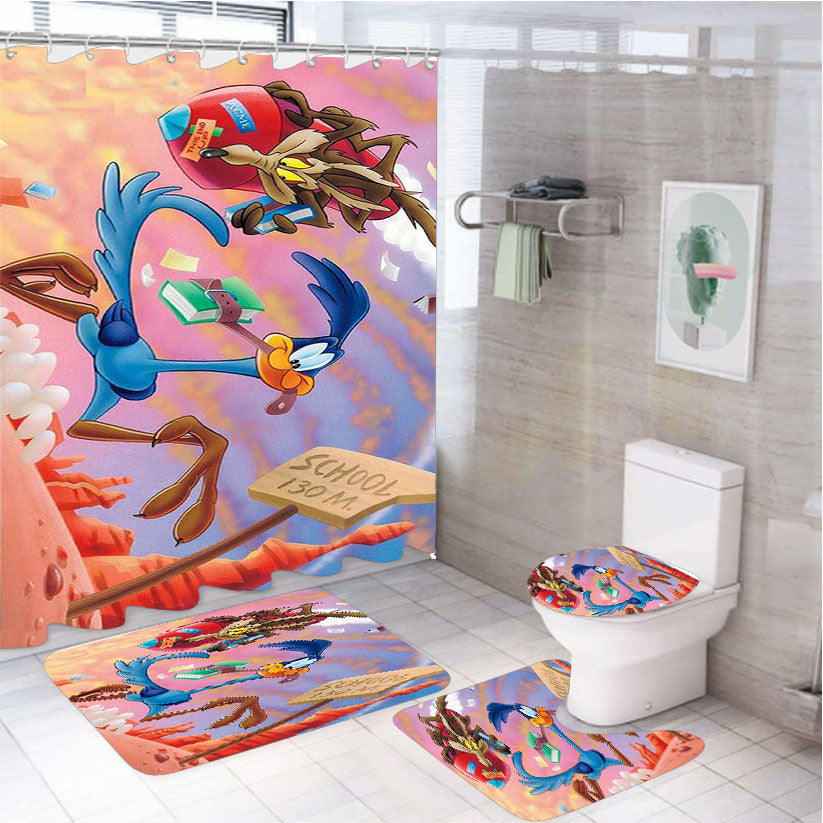 Road Runner Looney Tunes 4Pcs Bathroom Non-Slip Rugs Shower Curtain Fabric Waterproof