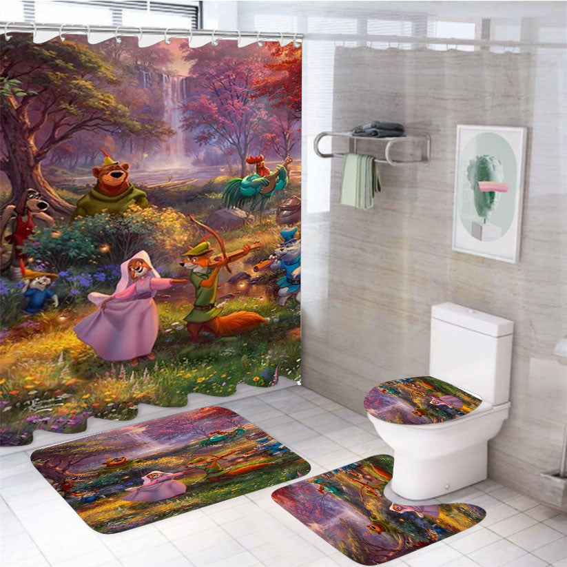 Robin Hood 4Pcs Bathroom Non-Slip Rugs Shower Curtain Fabric Waterproof