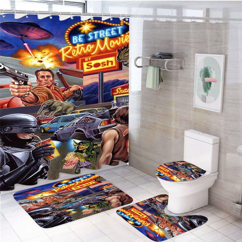 Robocop Starwars Retro 80S Style 4Pcs Bathroom Non-Slip Rugs Shower Curtain Fabric Waterproof