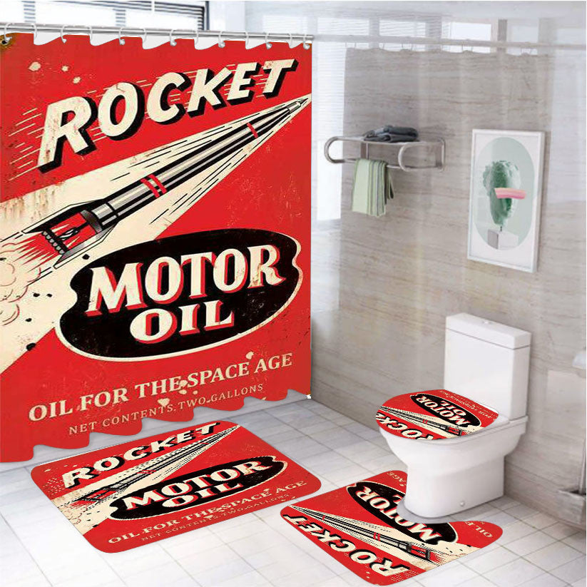 Rocket Motor Oil 4Pcs Bathroom Non-Slip Rugs Shower Curtain Fabric Waterproof