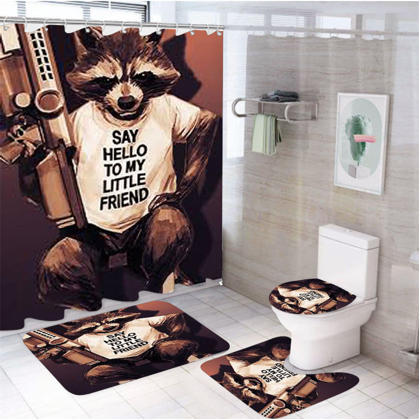Rocket Racoon 4Pcs Bathroom Non-Slip Rugs Shower Curtain Fabric Waterproof