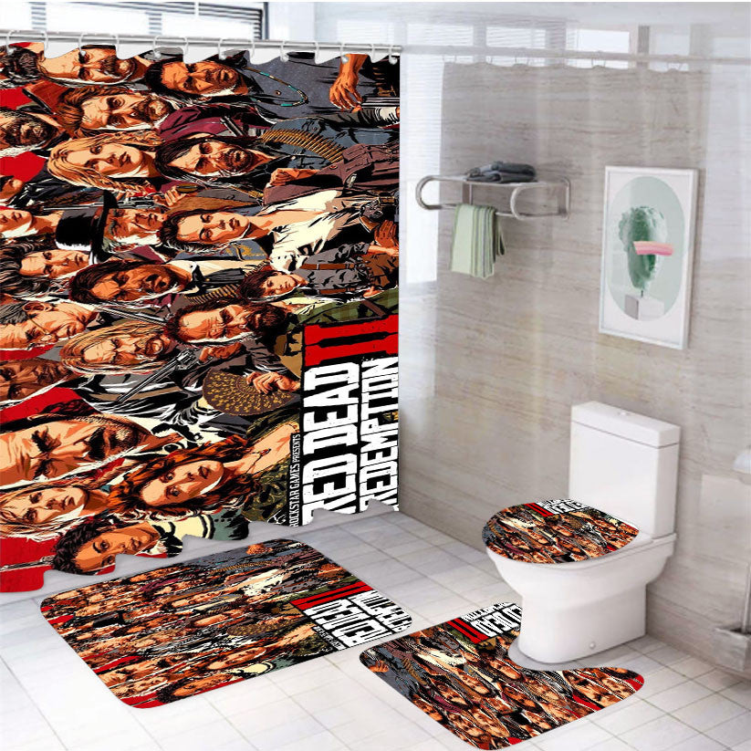 Rockstar Games Presents Red Dead Redemption 4Pcs Bathroom Non-Slip Rugs Shower Curtain Fabric Waterproof