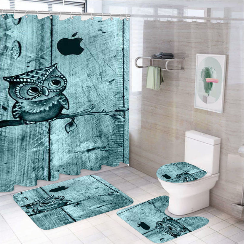 Romantic Owl 4Pcs Bathroom Non-Slip Rugs Shower Curtain Fabric Waterproof