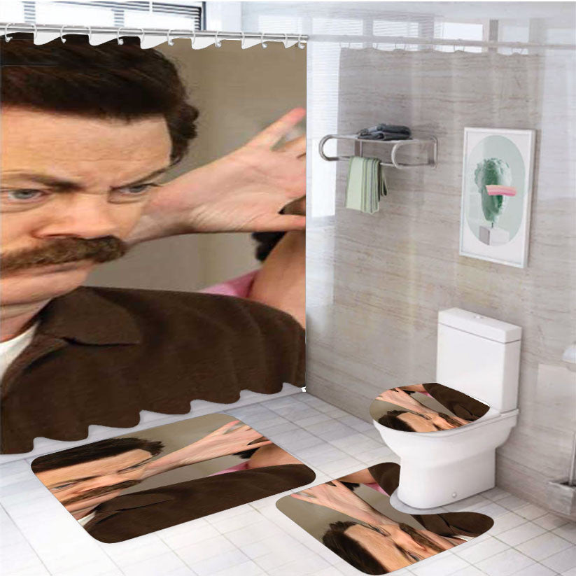 Ron Swanson Mean Look 4Pcs Bathroom Non-Slip Rugs Shower Curtain Fabric Waterproof