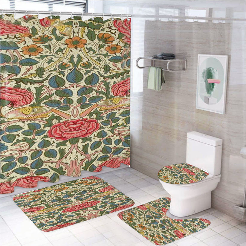 Rose 4Pcs Bathroom Non-Slip Rugs Shower Curtain Fabric Waterproof