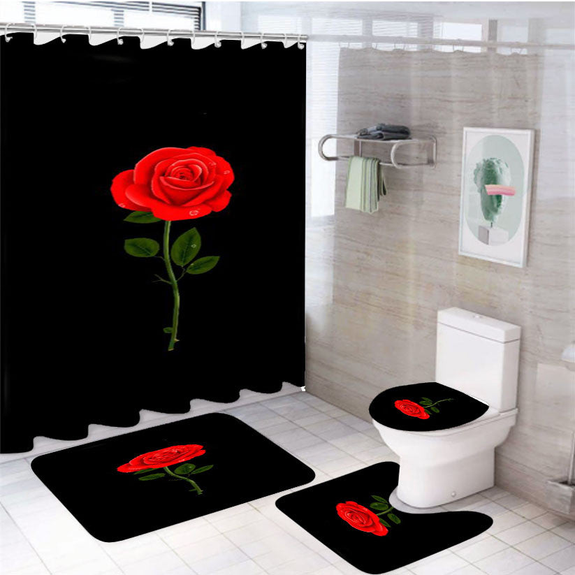 Rose Logo Flowers 4Pcs Bathroom Non-Slip Rugs Shower Curtain Fabric Waterproof