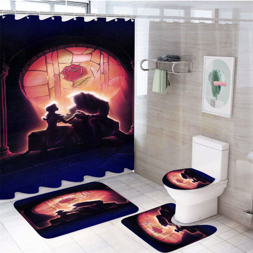 Rose Stained Glasses Beauty And The Beast 4Pcs Bathroom Non-Slip Rugs Shower Curtain Fabric Waterproof