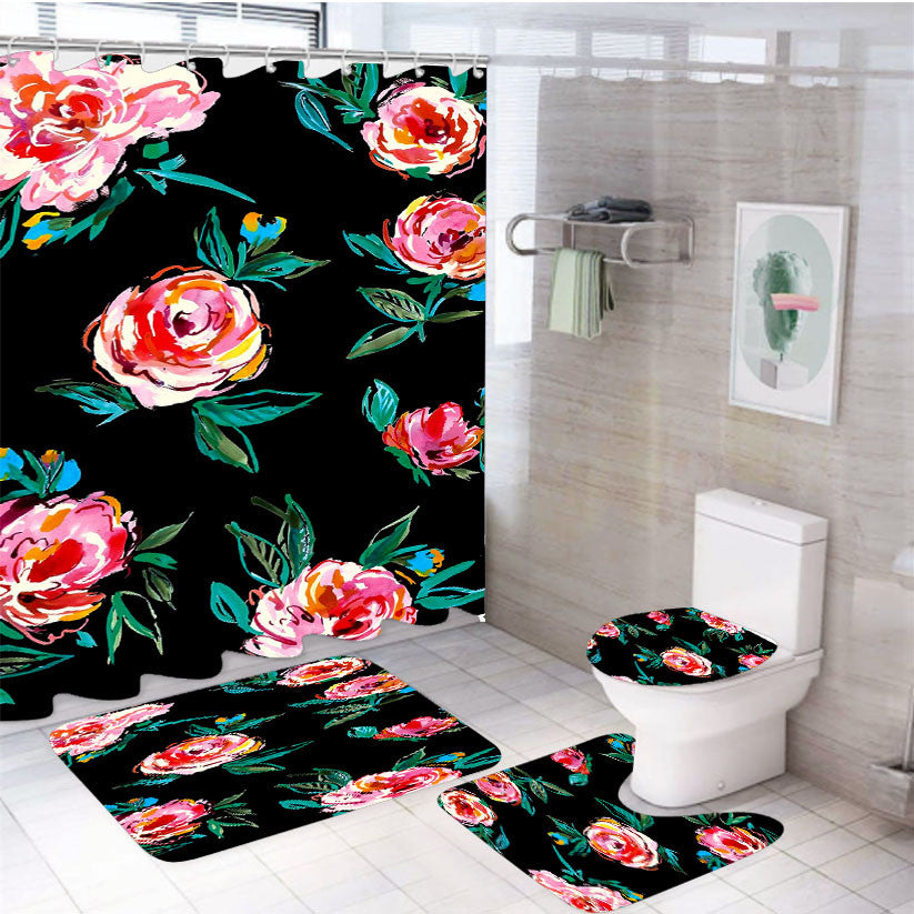 Rose Watercolor Pattern 4Pcs Bathroom Non-Slip Rugs Shower Curtain Fabric Waterproof