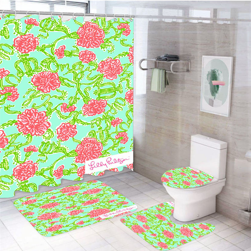Roses Lilly Pulitzer 4Pcs Bathroom Non-Slip Rugs Shower Curtain Fabric Waterproof