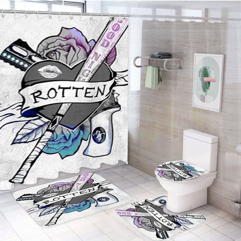 Rotten Suicide Squad Harley Quinn Tattoo 4Pcs Bathroom Non-Slip Rugs Shower Curtain Fabric Waterproof