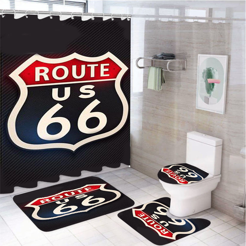 Route 66 Way 4Pcs Bathroom Non-Slip Rugs Shower Curtain Fabric Waterproof