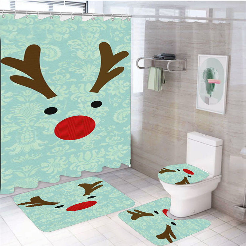 Rudolph Christmas Deer 4Pcs Bathroom Non-Slip Rugs Shower Curtain Fabric Waterproof