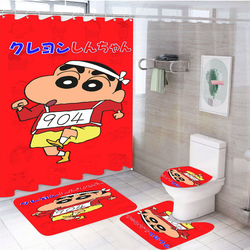 Running Crayon Shin Chan 4Pcs Bathroom Non-Slip Rugs Shower Curtain Fabric Waterproof