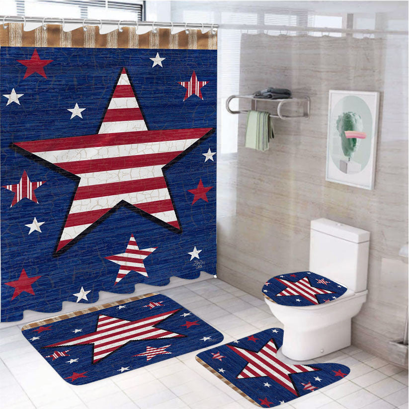 Rustic Patriotic Star 4Pcs Bathroom Non-Slip Rugs Shower Curtain Fabric Waterproof