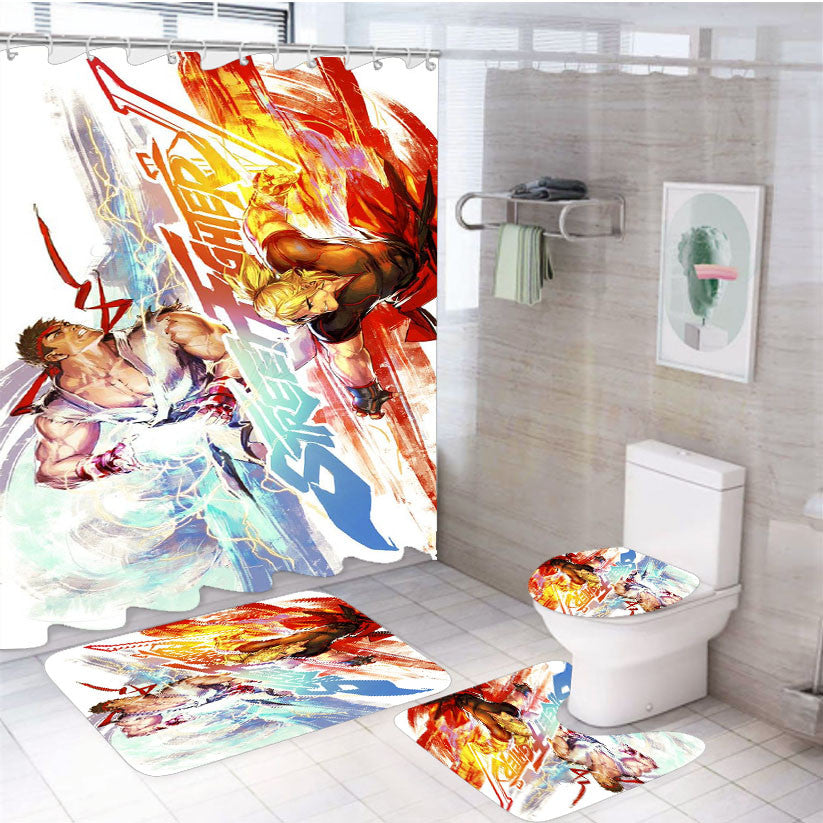 Ryu And Ken Street Fighter V Wallpaper 4Pcs Bathroom Non-Slip Rugs Shower Curtain Fabric Waterproof