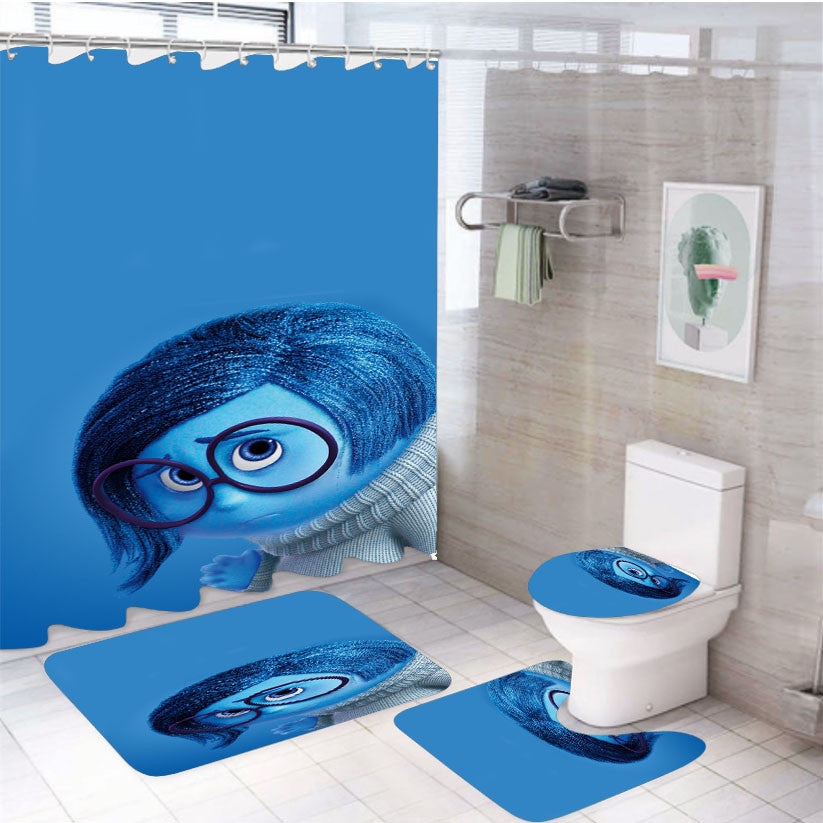 Sadness Inside Out Disney 4Pcs Bathroom Non-Slip Rugs Shower Curtain Fabric Waterproof