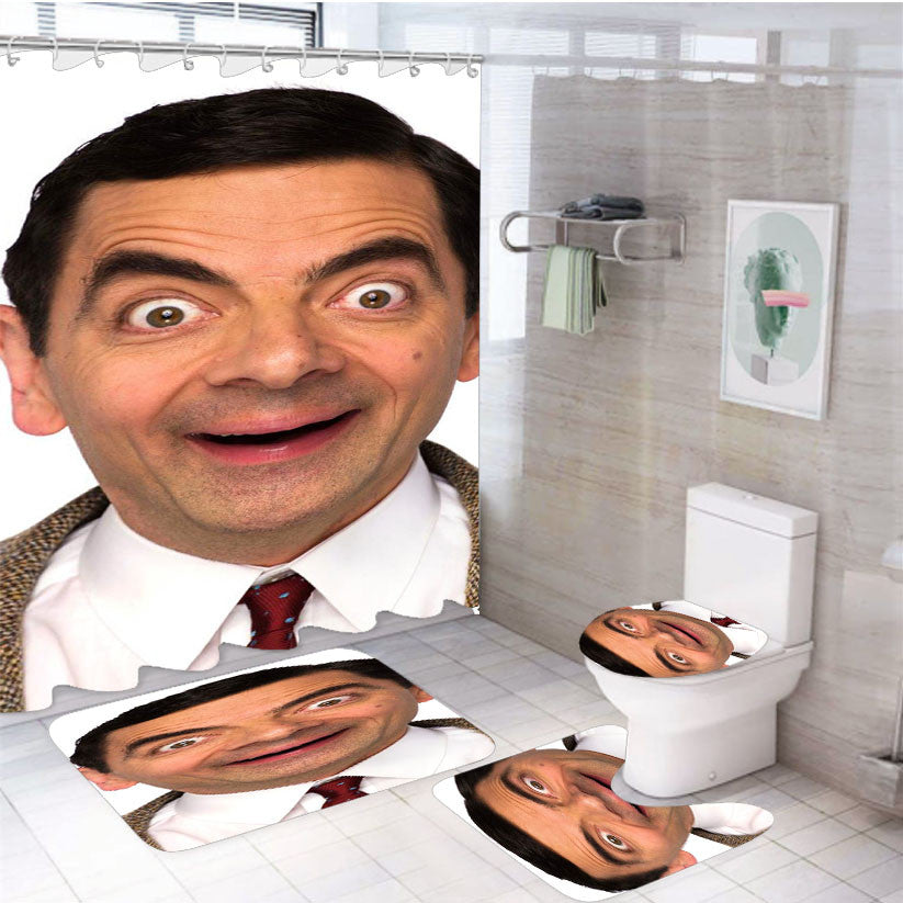 Safe Flight Mr Bean 4Pcs Bathroom Non-Slip Rugs Shower Curtain Fabric Waterproof