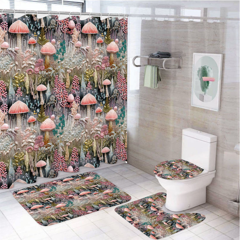 Sage Green Blue Mushroom 4Pcs Bathroom Non-Slip Rugs Shower Curtain Fabric Waterproof