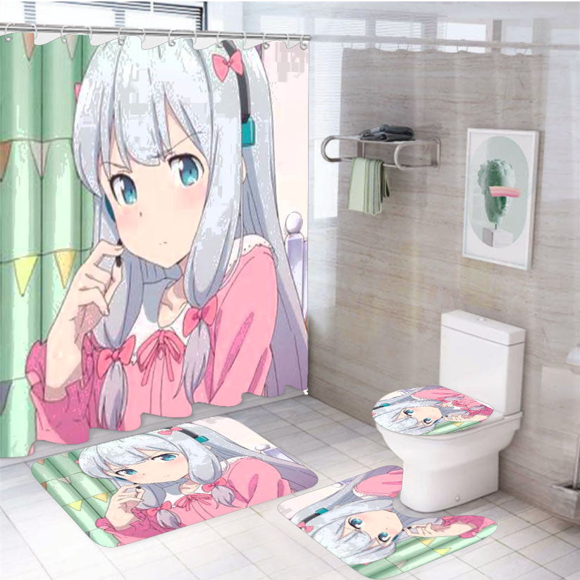 Sagiri Ero Manga Sensei Pink 4Pcs Bathroom Non-Slip Rugs Shower Curtain Fabric Waterproof