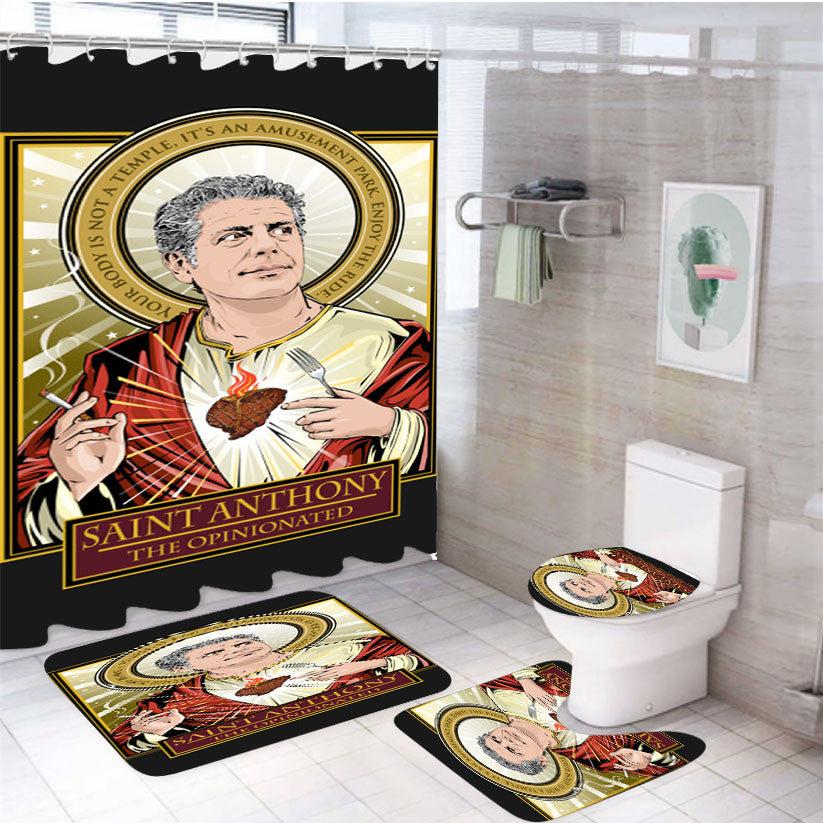 Saint Anthony 4Pcs Bathroom Non-Slip Rugs Shower Curtain Fabric Waterproof
