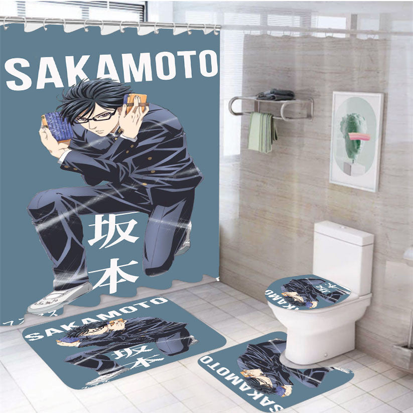 Sakamoto Desu Ga Anime 4Pcs Bathroom Non-Slip Rugs Shower Curtain Fabric Waterproof