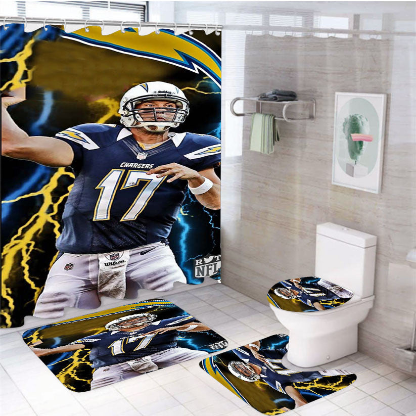San Diego Chargers Philips Rivers 4Pcs Bathroom Non-Slip Rugs Shower Curtain Fabric Waterproof