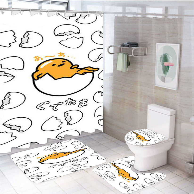 Sanrio Gudetama The Lazy Egg 4Pcs Bathroom Non-Slip Rugs Shower Curtain Fabric Waterproof