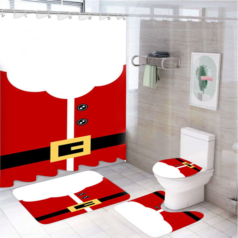 Santa Clause Outfit 4Pcs Bathroom Non-Slip Rugs Shower Curtain Fabric Waterproof