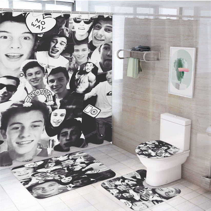 Sawn Mendes Black 4Pcs Bathroom Non-Slip Rugs Shower Curtain Fabric Waterproof
