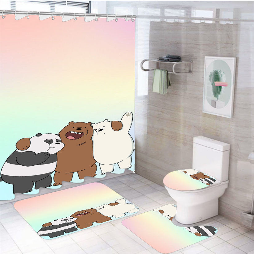 Say Hello To We Bare Bears 4Pcs Bathroom Non-Slip Rugs Shower Curtain Fabric Waterproof