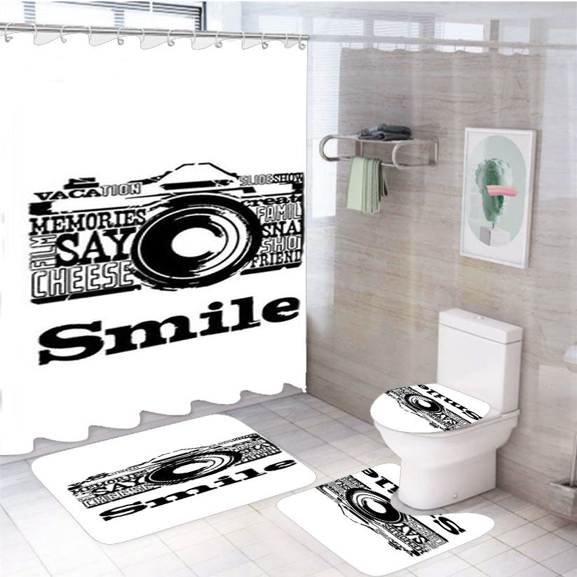 Say Smile Cam 4Pcs Bathroom Non-Slip Rugs Shower Curtain Fabric Waterproof