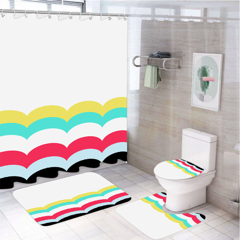 Scallop Collection 4Pcs Bathroom Non-Slip Rugs Shower Curtain Fabric Waterproof