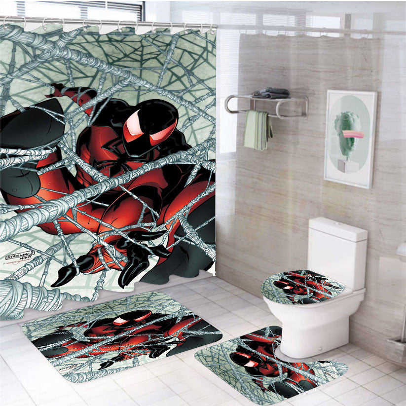Scarlet Spiderman Web Spider 4Pcs Bathroom Non-Slip Rugs Shower Curtain Fabric Waterproof