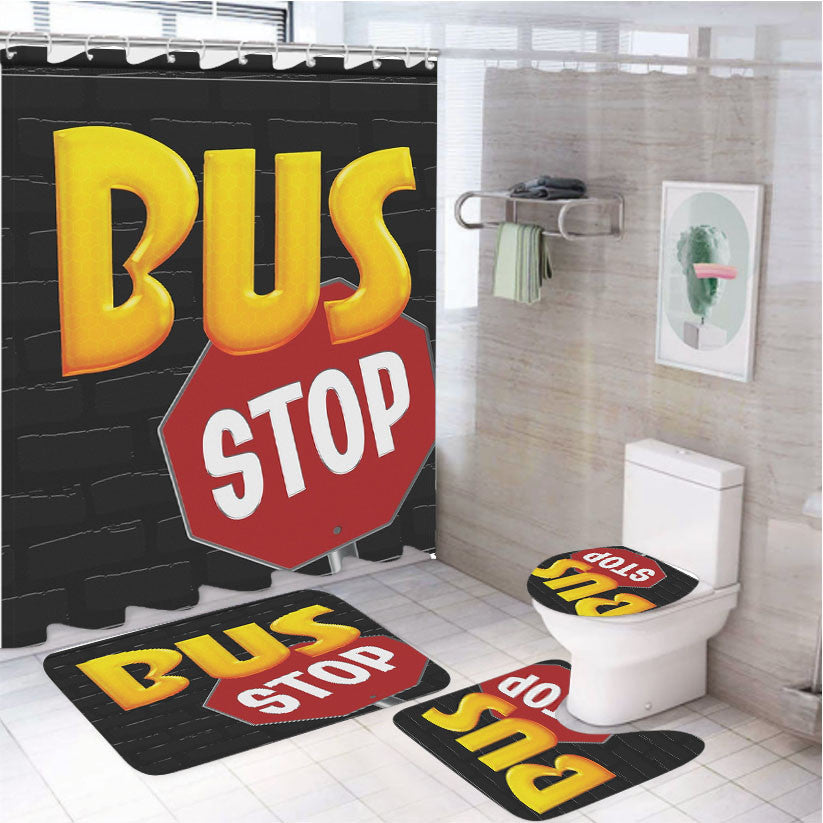 School Bus Stop 4Pcs Bathroom Non-Slip Rugs Shower Curtain Fabric Waterproof