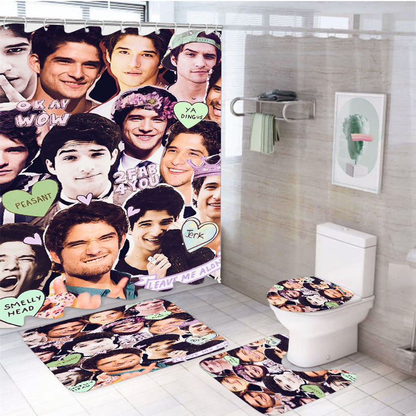 Scott Mccall Tyler Posey Collage 4Pcs Bathroom Non-Slip Rugs Shower Curtain Fabric Waterproof